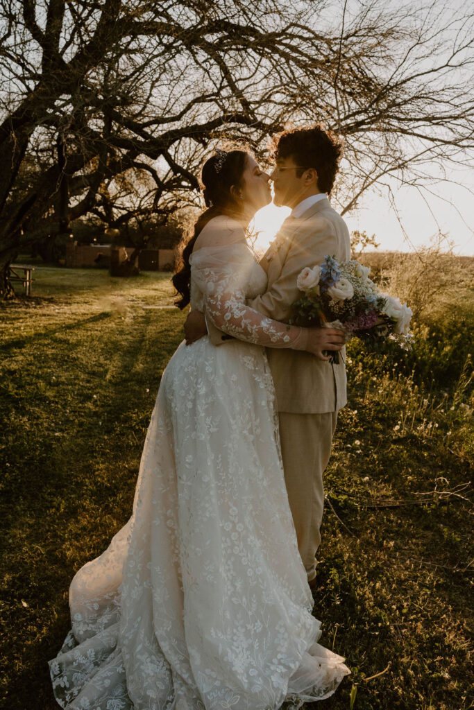 Tucson based, Arizona Micro Wedding Photographer takes garden party wedding photos golden hour bride and groom